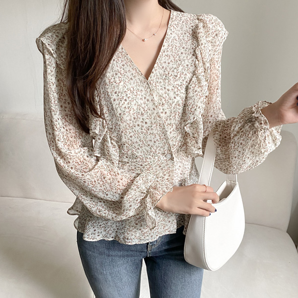 bs6449 소녀 감성의 프릴 디자인 잔꽃 페플럼 블라우스 blouse