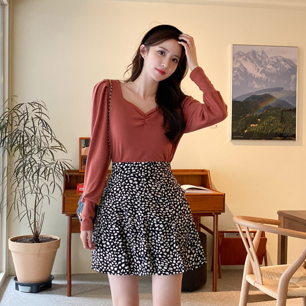 ts2801 바스트 셔링 포인트의 퍼프소매 하트넥 긴팔 티셔츠 tee