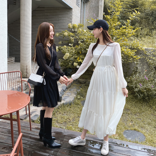 op12581 미니 롱 2가지 타입의 리본 스트랩 세트 쉬폰 캉캉 원피스 dress