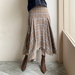 sk5026 언발런스 디자인과 체크패턴의 뒷밴딩 롱스커트 skirt