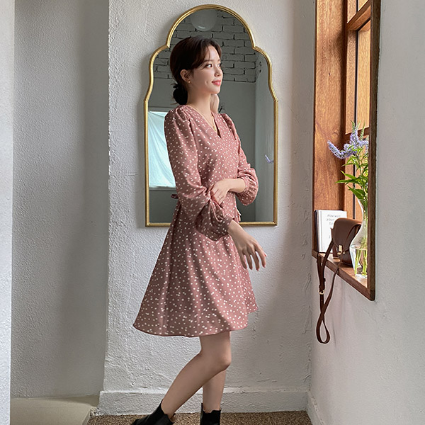 op12612 은은한 잔꽃 패턴의 랩디자인 뒷리본 A라인 미니 원피스 dress