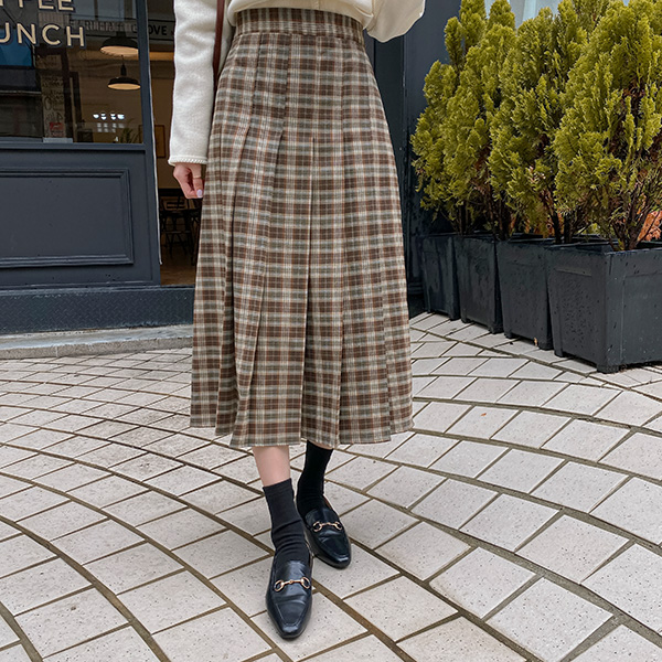 sk5040 멋스러운 칼주름이 더해진 하프 플리츠 체크 롱 스커트 skirt