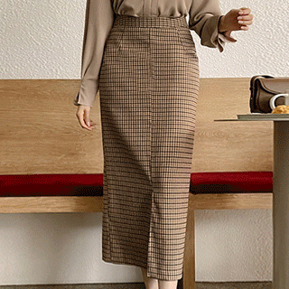 sk5051 은은한 잔체크패턴의 앞트임 H라인 롱스커트 skirt