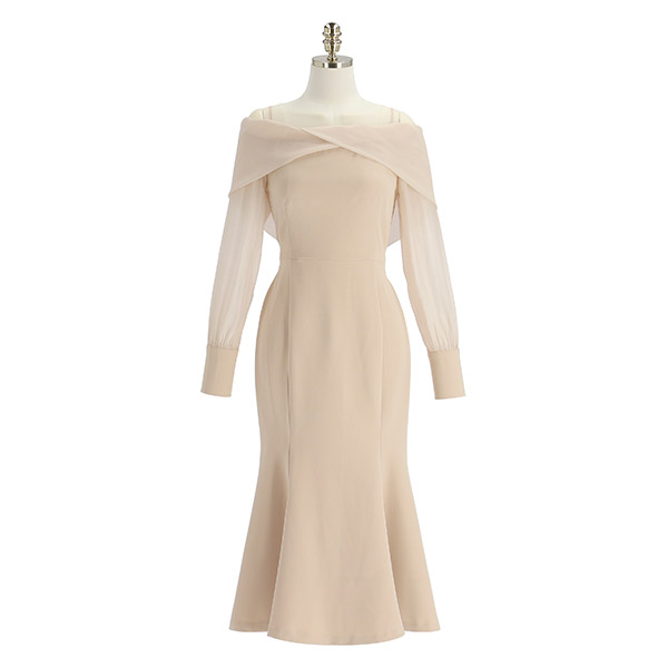 op12702 매혹적인 오프숄더 디자인의 배색 머메이드 롱 드레스 dress