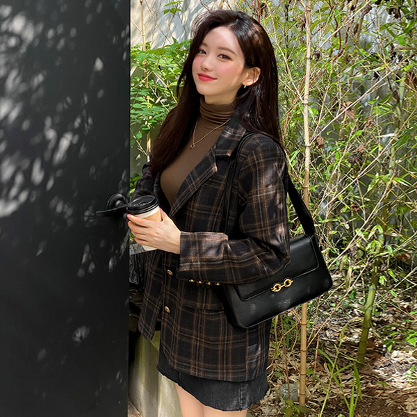 jk1744 골드 버튼 포인트의 세미 루즈핏 체크 패턴 카라 자켓 jacket