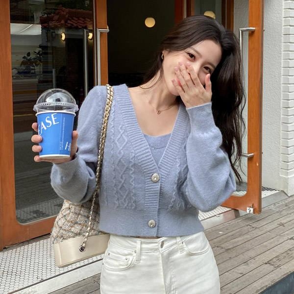 st1263 블링한 큐빅 디테일의 가디건과 나시탑 구성의 니트 세트 cardigan set