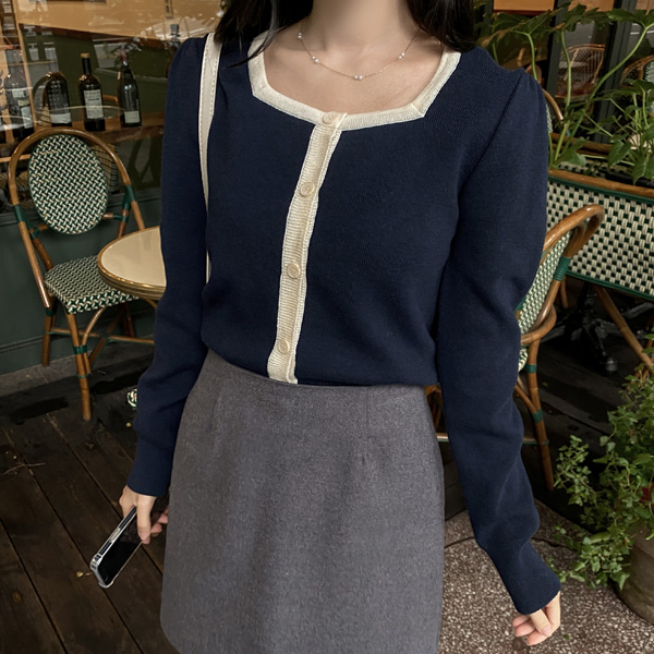 cd2080 부드러운 터칭감의 셔링숄더 배색 스퀘어넥 가디건 cardigan