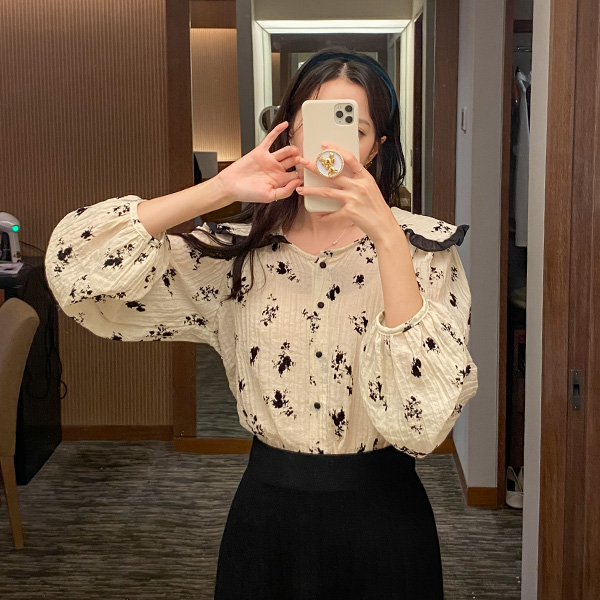 st1266 링클 페브릭의 플라워 세라 블라우스와 롱 니트 A라인 플리츠 스커트 세트 two piece set