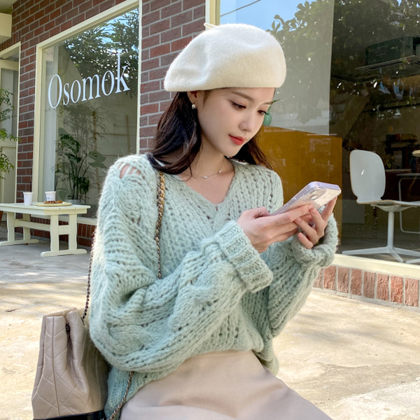 nt3040 벌키한 꽈배기 짜임의 알파카 루즈핏 V넥 니트 knit