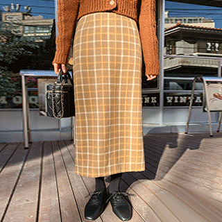 sk5187 울 혼방 소재의 뒷트임 배색 체크 패턴 H라인 롱 스커트 skirt