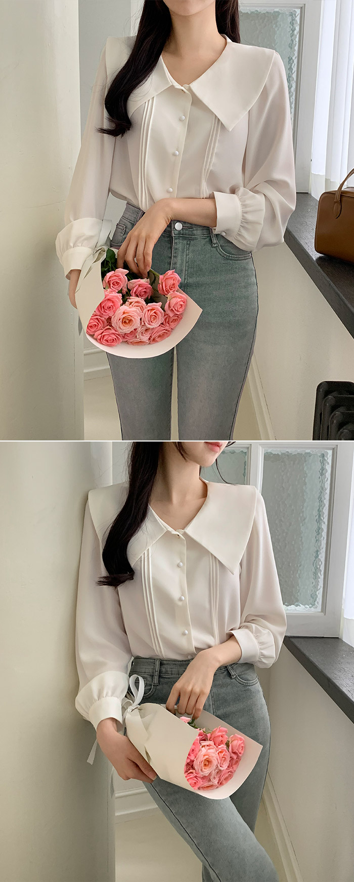 [1만장 돌파✨] [실물고퀄] 하트 버튼 빅카라 하객 블라우스 봄셔츠 데이트룩,출근룩,봄블라우스,하객룩,격식룩,데일리룩,쉬폰블라우스,봄옷 bs6709 상세 이미지 34