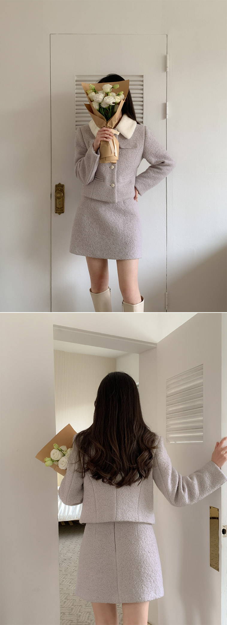 🚚당일발송  [울50%,카라탈부착] 퍼카라 자켓과 스커트 부클 트위드 셋업 데일리룩,데이트룩,출근룩,나들이룩,하객룩,모임룩,투피스 st2363 상세 이미지 92