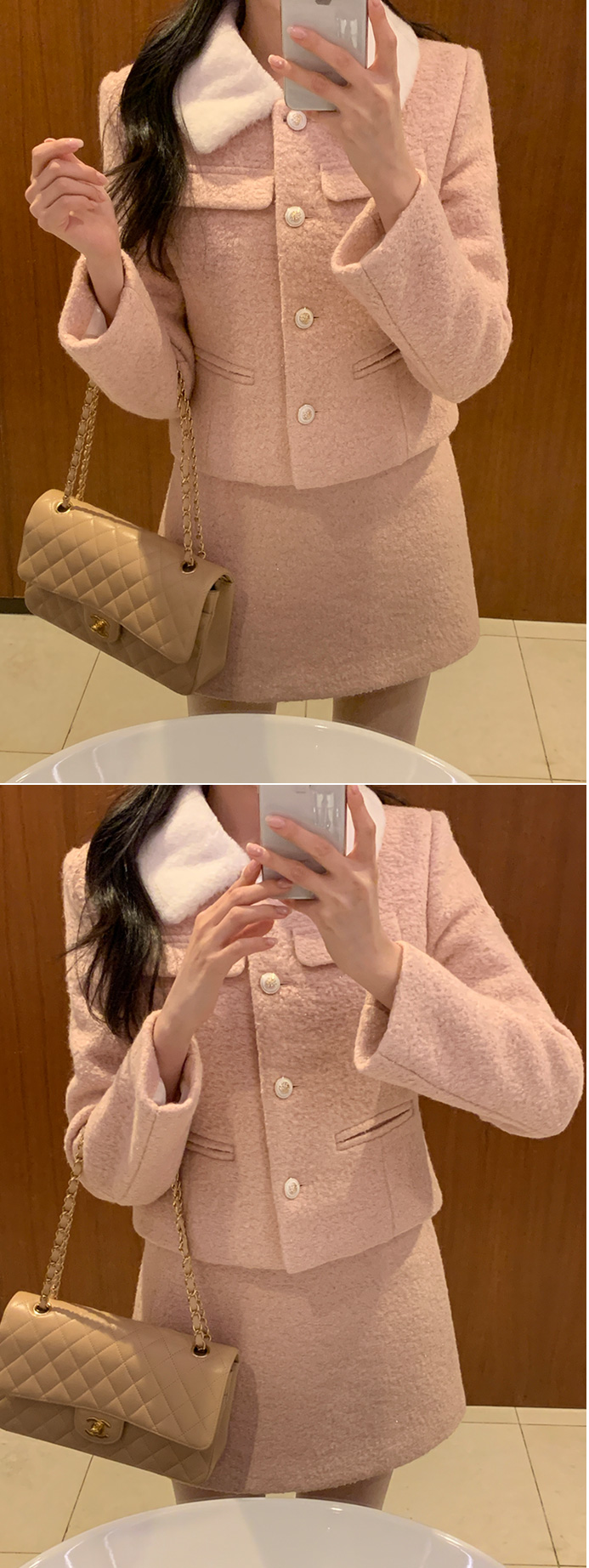 🚚당일발송  [울50%,카라탈부착] 퍼카라 자켓과 스커트 부클 트위드 셋업 데일리룩,데이트룩,출근룩,나들이룩,하객룩,모임룩,투피스 st2363 상세 이미지 21