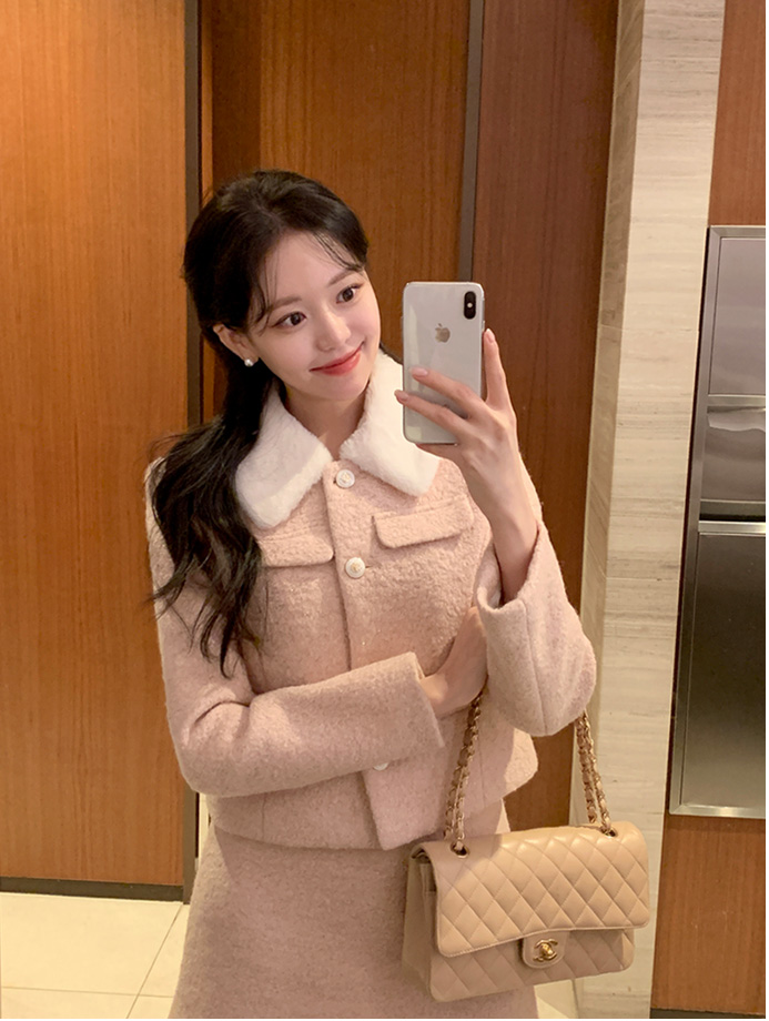 🚚당일발송  [울50%,카라탈부착] 퍼카라 자켓과 스커트 부클 트위드 셋업 데일리룩,데이트룩,출근룩,나들이룩,하객룩,모임룩,투피스 st2363 상세 이미지 22