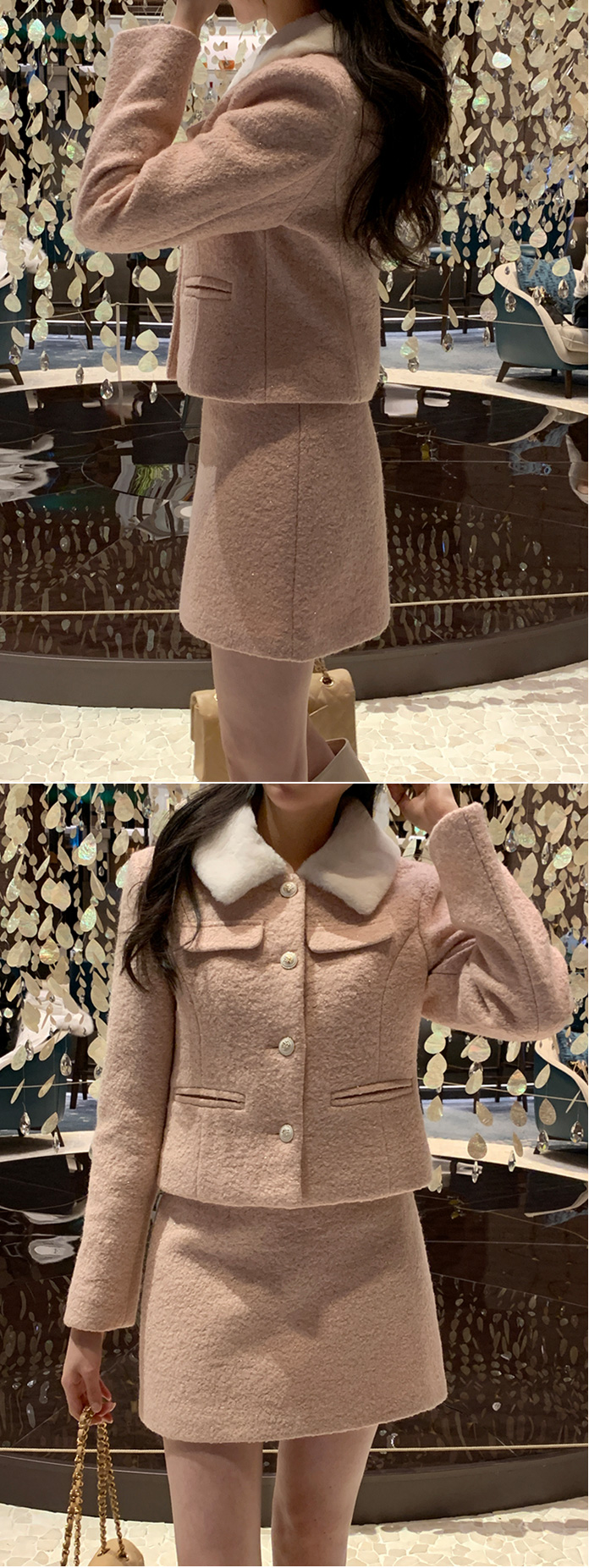 🚚당일발송  [울50%,카라탈부착] 퍼카라 자켓과 스커트 부클 트위드 셋업 데일리룩,데이트룩,출근룩,나들이룩,하객룩,모임룩,투피스 st2363 상세 이미지 13