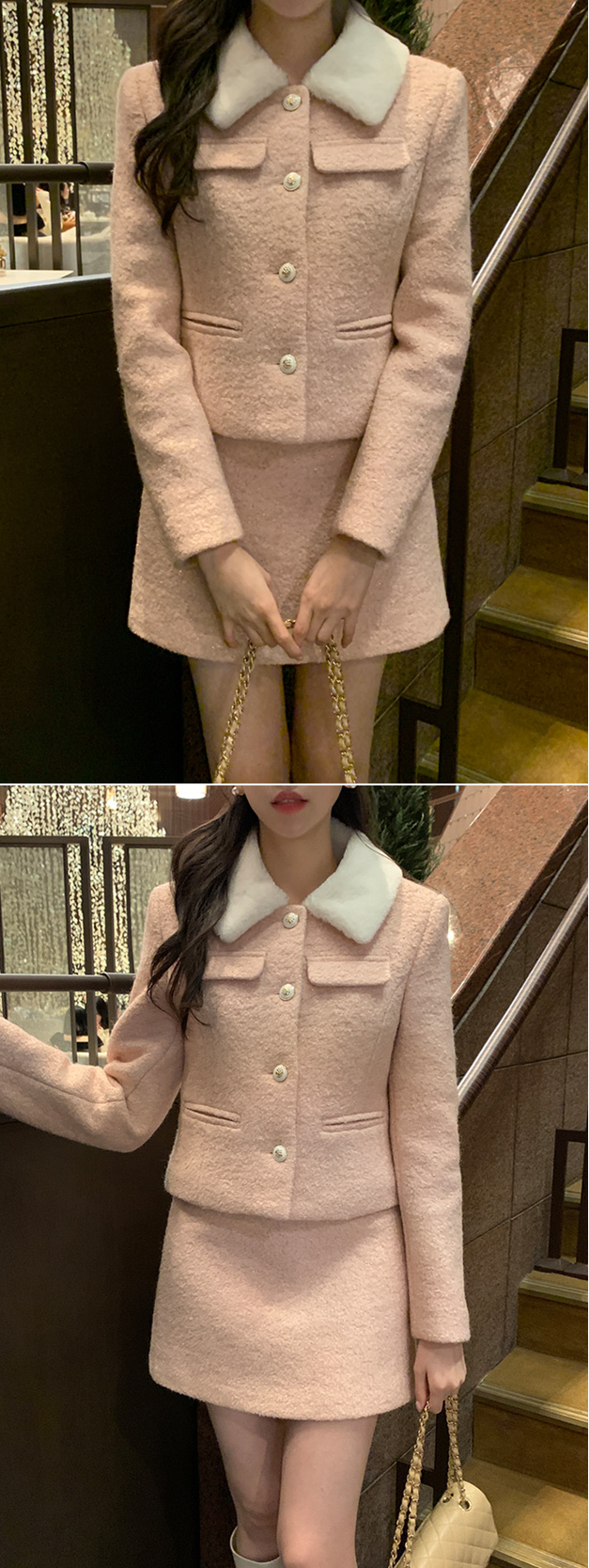 🚚당일발송  [울50%,카라탈부착] 퍼카라 자켓과 스커트 부클 트위드 셋업 데일리룩,데이트룩,출근룩,나들이룩,하객룩,모임룩,투피스 st2363 상세 이미지 15