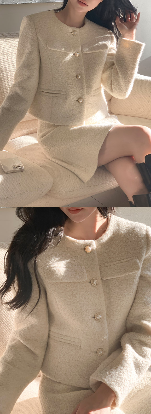 🚚당일발송  [울50%,카라탈부착] 퍼카라 자켓과 스커트 부클 트위드 셋업 데일리룩,데이트룩,출근룩,나들이룩,하객룩,모임룩,투피스 st2363 상세 이미지 84