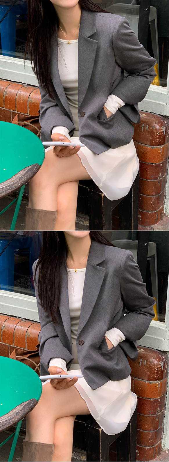 🚚당일발송  1000장 돌파✨ [뉴컬러추가/만년템/딱예쁜기장감] 로메인 싱글 버튼 세미크롭 자켓 하객룩,데이트룩,나들이룩,출근룩,데일리룩,격식룩,크롭자켓,올드머니룩 jk2643 상세 이미지 17