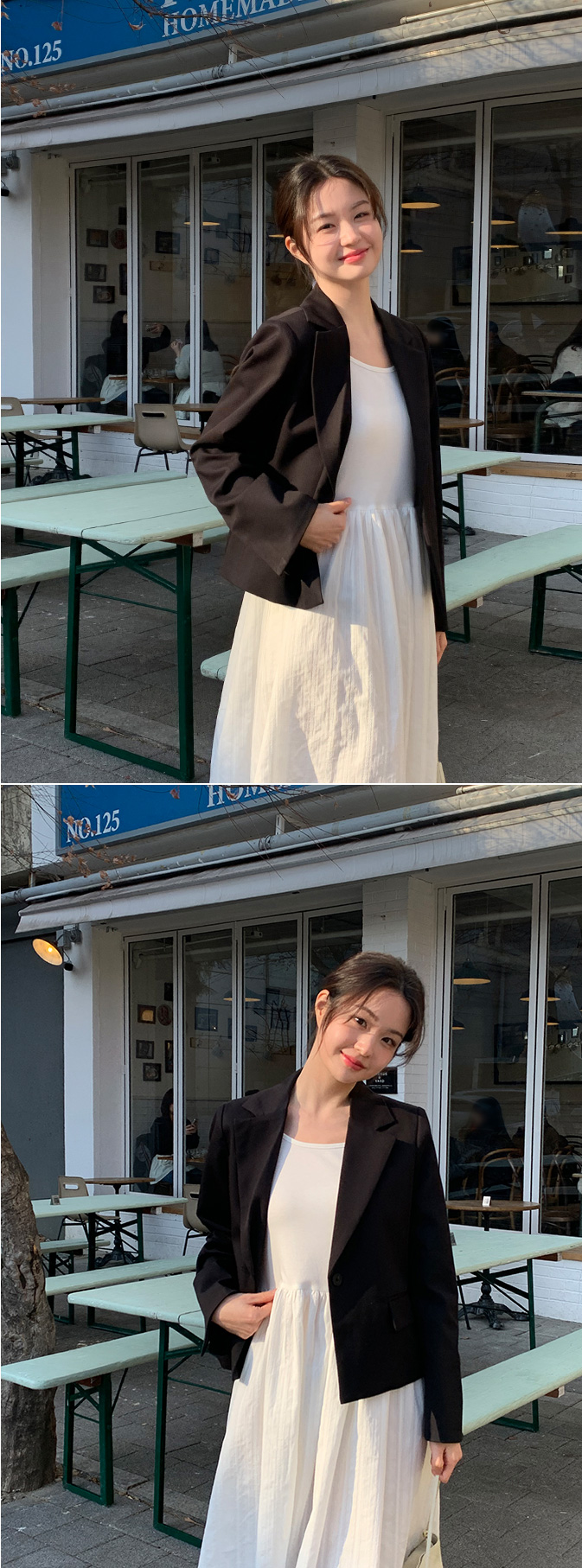 🚚당일발송  1000장 돌파✨ [뉴컬러추가/만년템/딱예쁜기장감] 로메인 싱글 버튼 세미크롭 자켓 하객룩,데이트룩,나들이룩,출근룩,데일리룩,격식룩,크롭자켓,올드머니룩 jk2643 상세 이미지 30