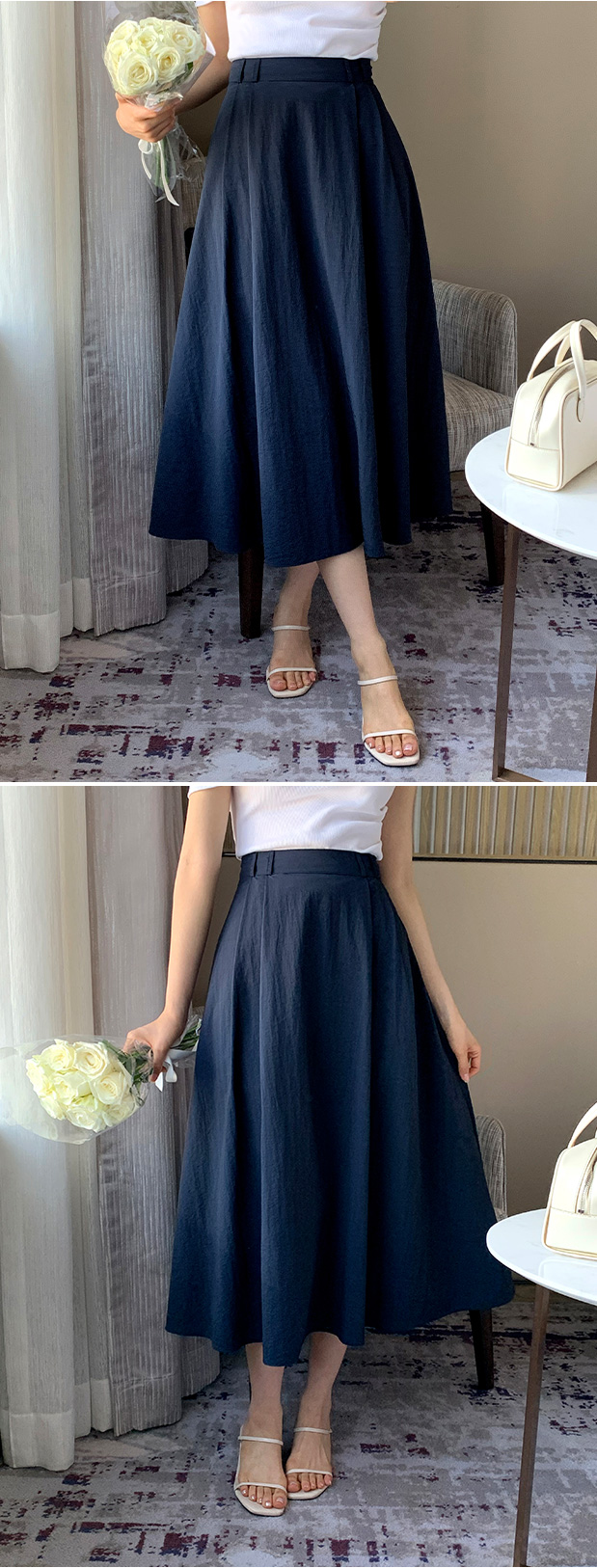 【INCHANT ME】Strap Banding Flare Skirt Womens Summer Vintage High Waist Belted A-Line Midi Skirts