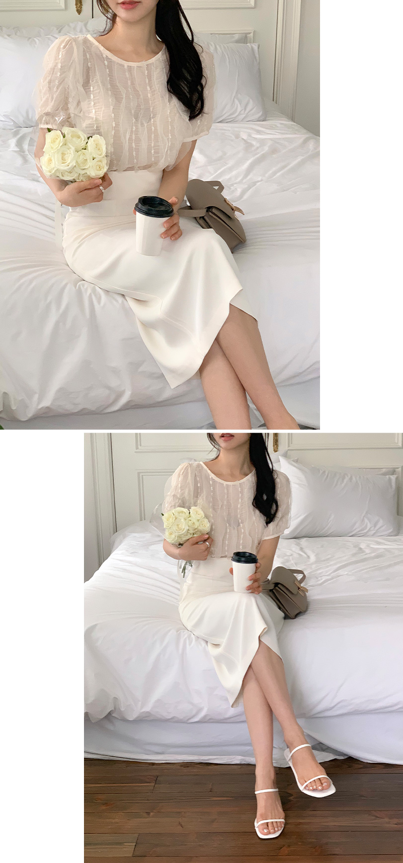 퀸잇 - (국내제작/소장가치템) 헤린 물결 레이스 쉬폰 반팔 블라우스 bs7970