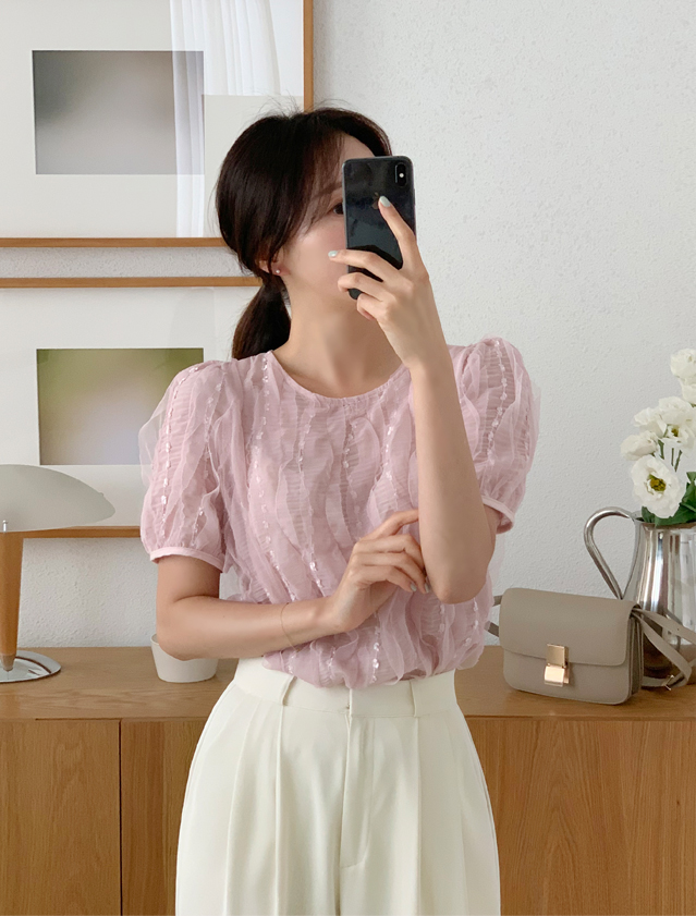 퀸잇 - (국내제작/소장가치템) 헤린 물결 레이스 쉬폰 반팔 블라우스 bs7970