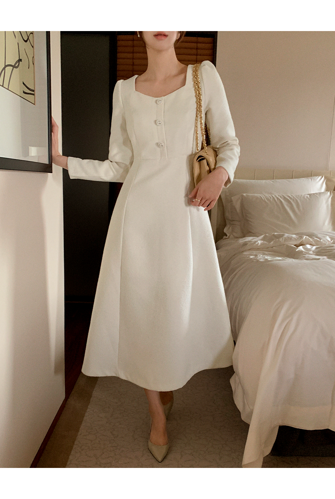 attrangs lace tweed dress Mini & Long / Romantic ♥) 2-Length Pentagon Neck Pearl Button Tweed Dress  op16222