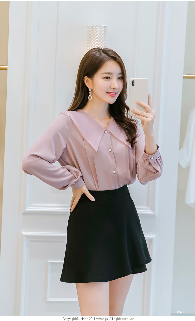 아뜨랑스 - bs4552 로맨틱한 오간자 와이드 카라와 진주 버튼 핀턱 디테일 블라우스 blouse bs4552 로맨틱한 오간자 와이드 카라와 진주... 